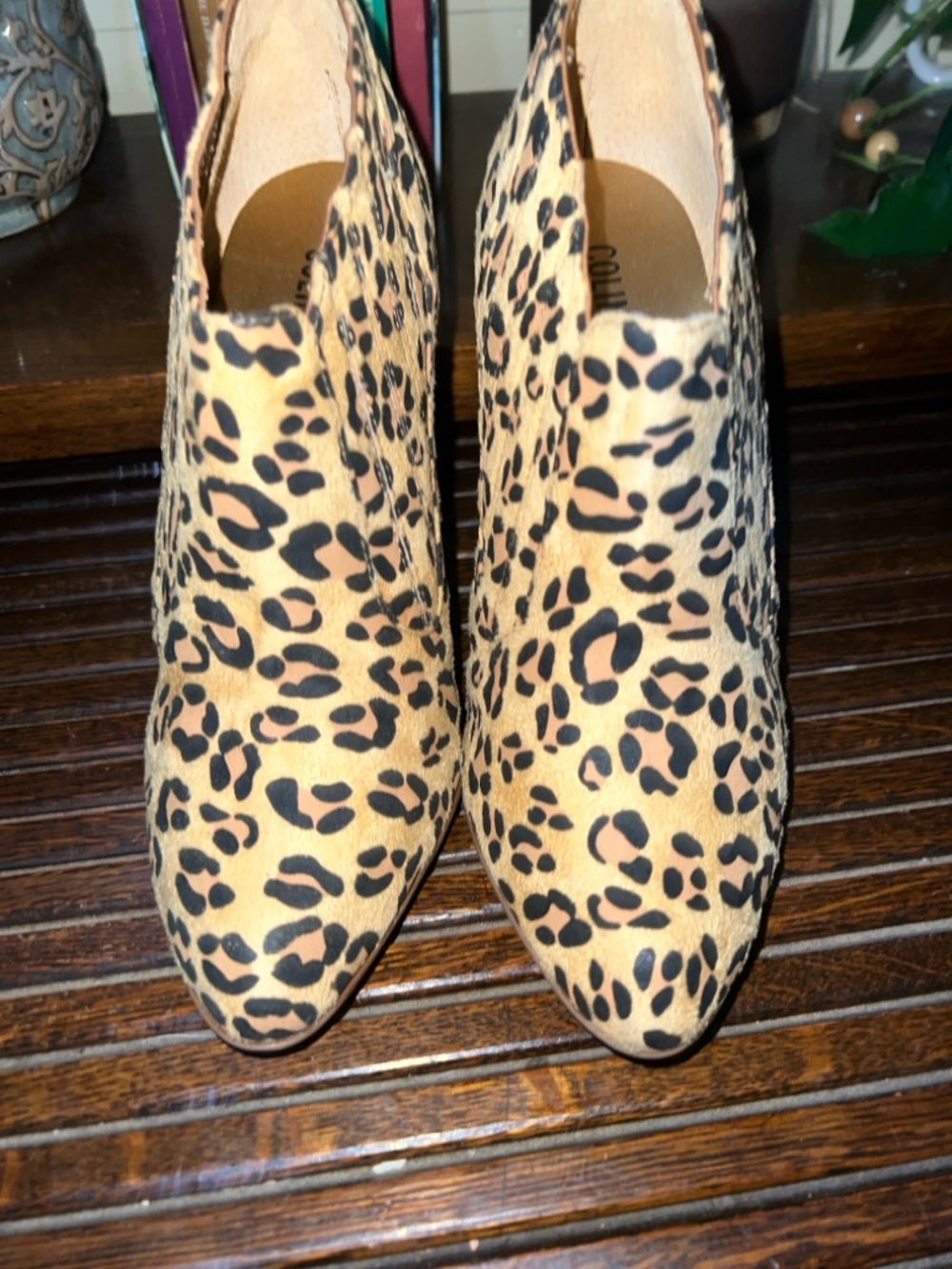 Colin Stuart Leopard-Print Pointed Ankle Heels in Tan and Black